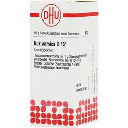 Eine Packung homöopathischer Streukügelchen namens Nux vomica D12.