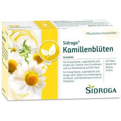 Packung Sidroga Kamillenblüten mit Abbildung von Kamillenblumen und Anwendungsinformationen.