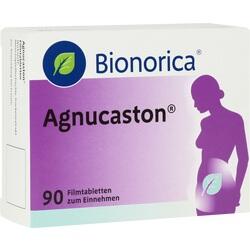 Eine Packung Agnucaston mit 90 Tabletten und einer Silhouette einer Frau auf lila Hintergrund.
