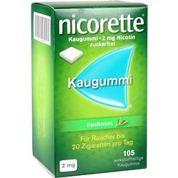 Grüne Packung Nicorette Kaugummis mit 2 mg Nikotin pro Stück.
