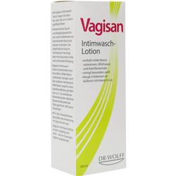 Eine Verpackung von Vagisan Intimwasch-Lotion mit Text und grünen Streifen.