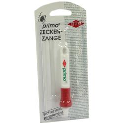 Verpackte Zeckenzange der Marke "primo" für sichere Zeckenentfernung.