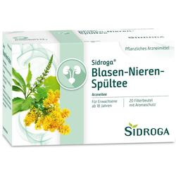 Ein Teepaket mit der Aufschrift "Blasen-Nieren-Spültee" und einem Pflanzenbild.